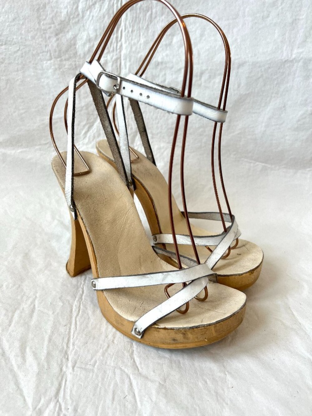 Vintage y2k sandals 39 8 white leather ankle strap curved high heel platform